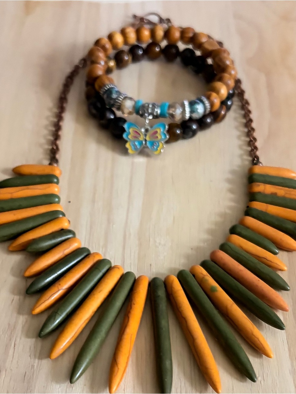 Orange and Olive wooden Spike Pendant Necklace - Women's Jewelry - Picture 4 of 5